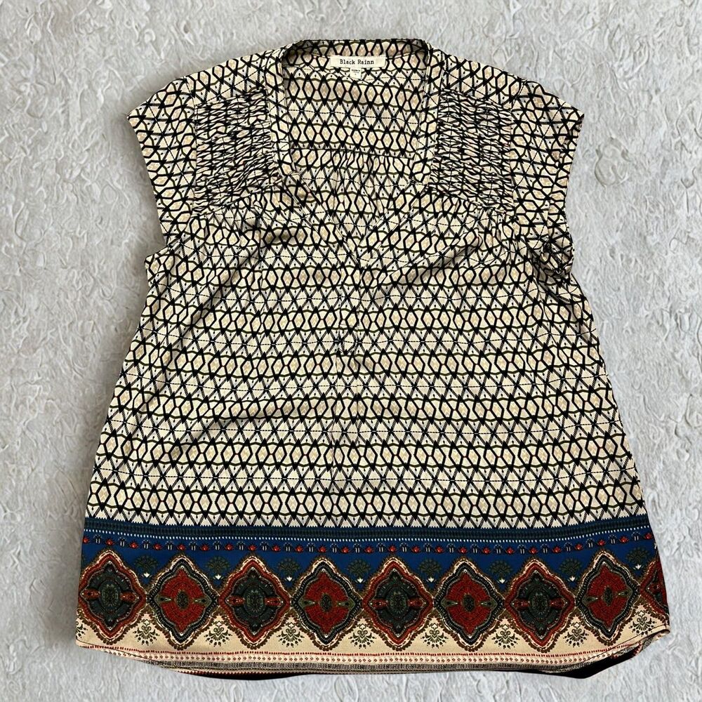 Black Rain Tunic Top Womens Large Boho Geometric Split Neck Sleeveless Blouse